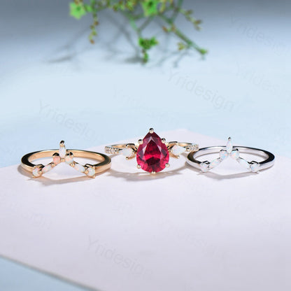 Vintage Pear Shaped Ruby Engagement Ring Set Three Stone Kite Ruby Opal Wedding ring Set Cute Opal Stacking Band Unique Bridal Set For Women - PENFINE