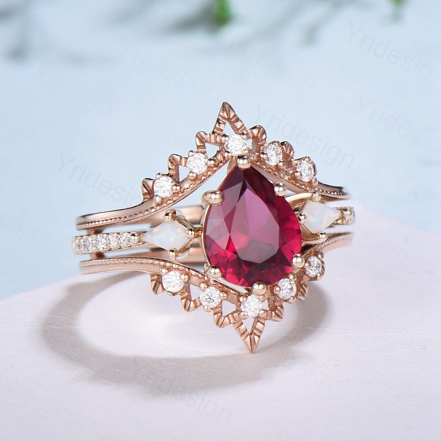 Vintage Ruby Opal Engagement Ring Set Crown Moissanite Ruby Bridal Wedding ring Set Art Deco Anniversary Gift Unique Promise Ring For Women - PENFINE