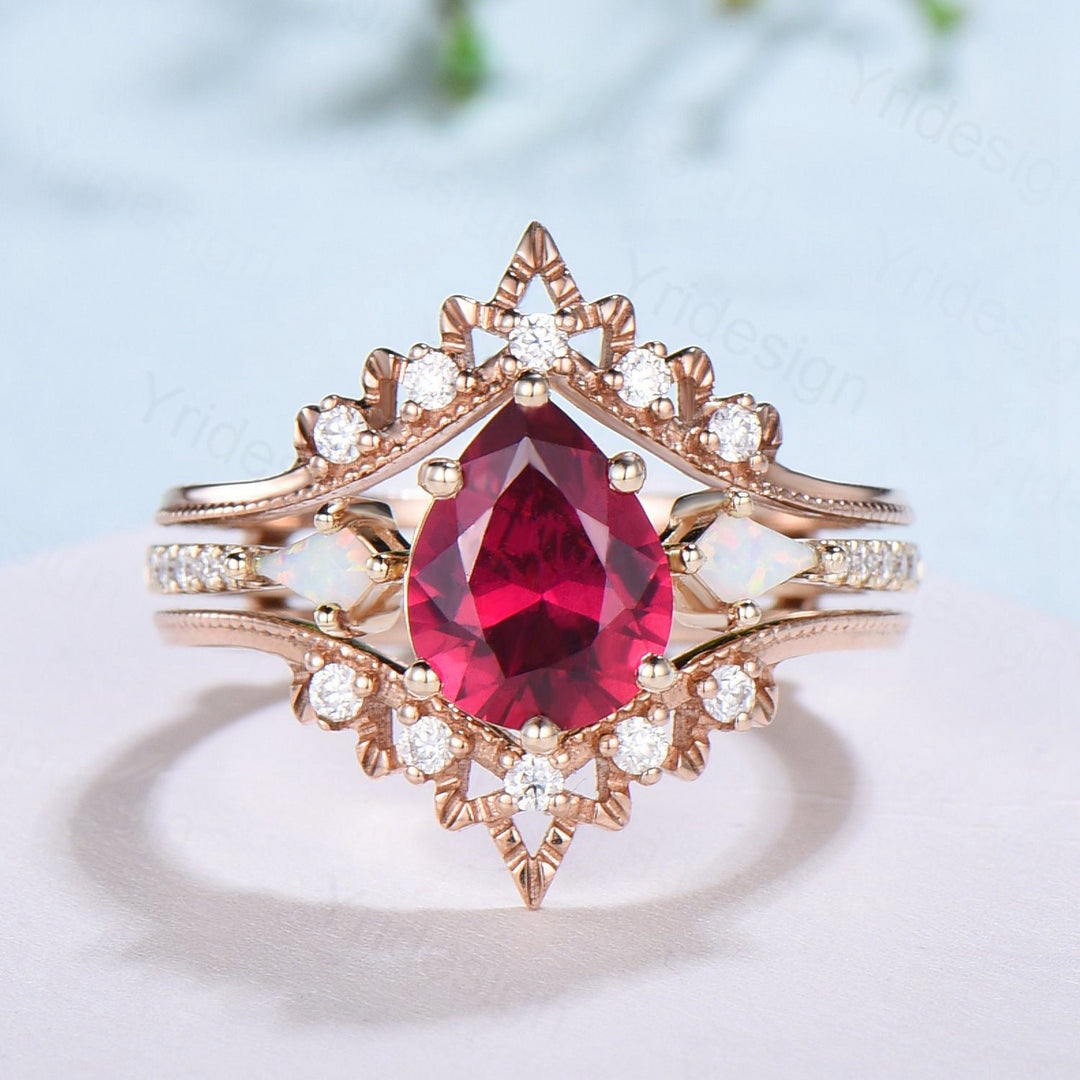 Vintage Ruby Opal Engagement Ring Set Crown Moissanite Ruby Bridal Wedding ring Set Art Deco Anniversary Gift Unique Promise Ring For Women - PENFINE