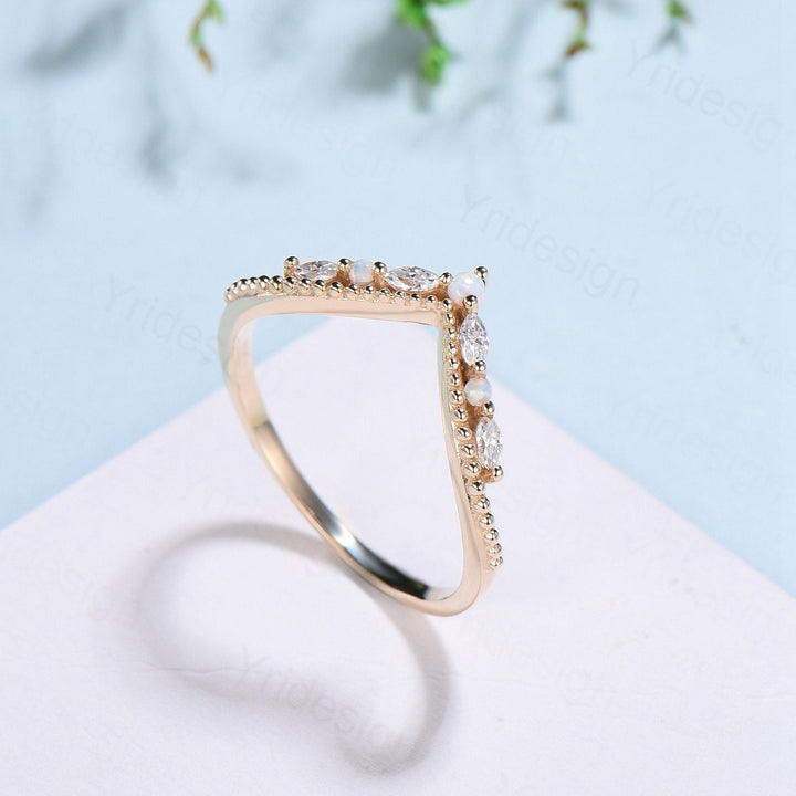 Vintage Opal Wedding Band Marquise cut moissanite diamond yellow gold fire opal wedding ring Unique Stacking ring matching band  for women - PENFINE