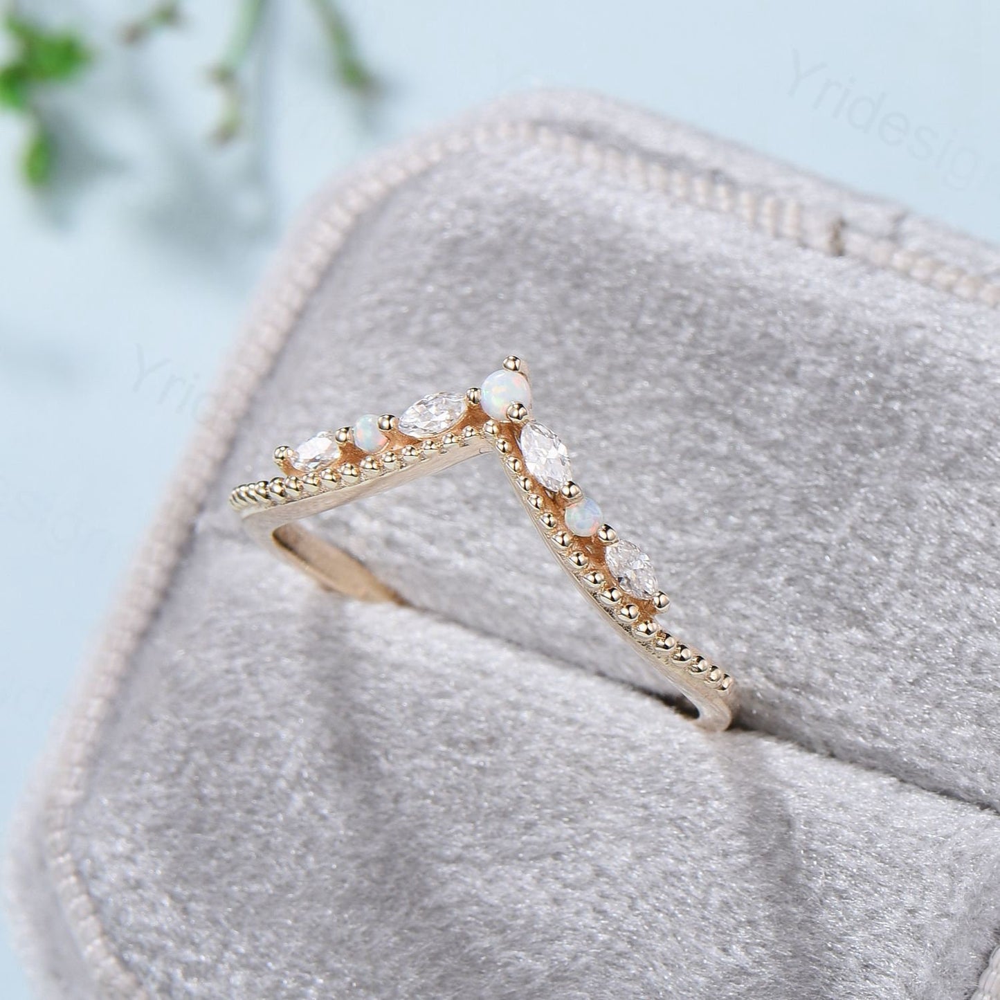 Vintage Opal Wedding Band Marquise cut moissanite diamond yellow gold fire opal wedding ring Unique Stacking ring matching band  for women - PENFINE