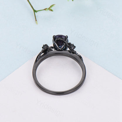 Nature Inspired moissanite engagement ring Unique Black gold oval cut moissanite engagement ring cluster sapphire wedding ring for women - PENFINE