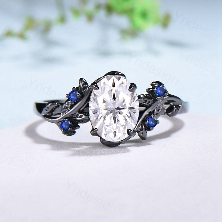 Nature Inspired moissanite engagement ring Unique Black gold oval cut moissanite engagement ring cluster sapphire wedding ring for women - PENFINE