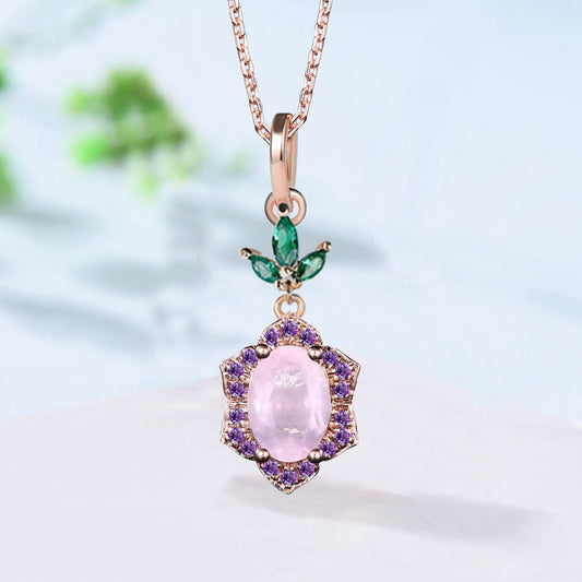 Vintage Oval Cut Lavender Amethyst Pendant necklace Retro Halo purple amethyst marquise emerald necklace for women anniversary gift - PENFINE
