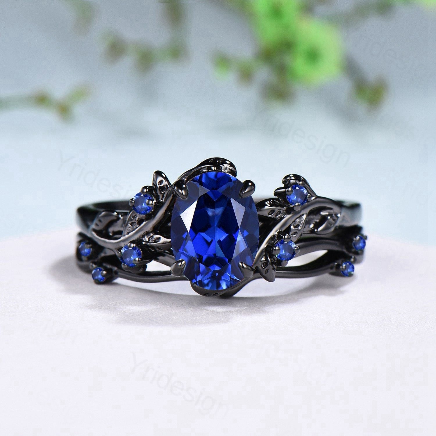 Round cut blue sapphire ring white gold vintage leaf unique engagement –  WILLWORK JEWELRY
