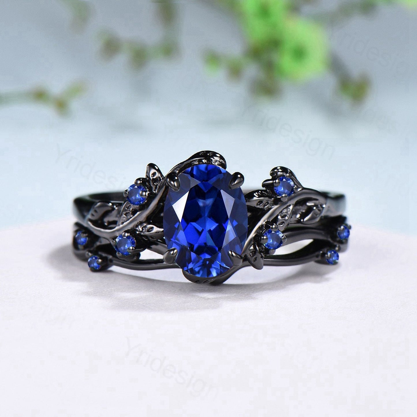 Vintage blue sapphire wedding ring set Black gold Leaf twig engagement ring set Nature Inspired sapphire bridal set for women Branch ring - PENFINE