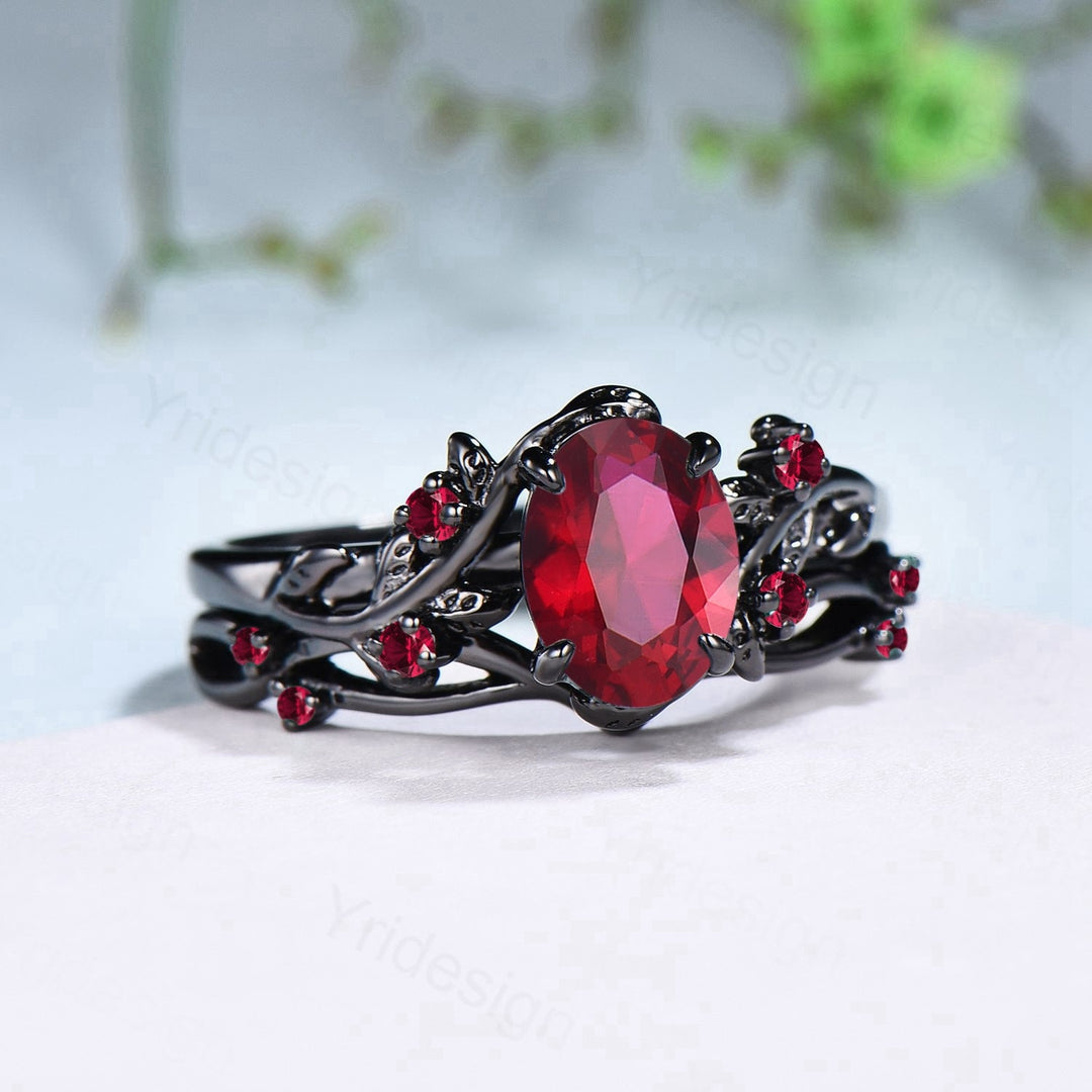 Nature Inspired Leaf ruby ring set black gold branch twig lab ruby engagement ring women unique July birthstone wedding ring set for women - PENFINE