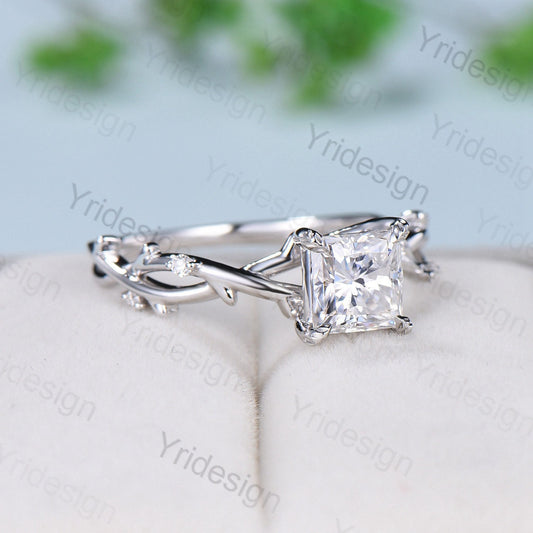 2CT Brilliant Princess Cut Moissanite ring Leaf Branch Moissanite Engagement Ring Nature Inspired Wedding Ring Unique Twig Promise Ring Gift