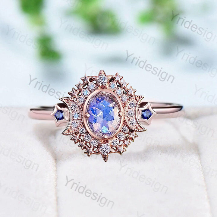 Unique Moonstone Engagement Ring Vintage Moon Star Moissanite Engagement Ring Fancy Galaxy Sapphire Serena Triple Goddess Wedding Ring Women - PENFINE