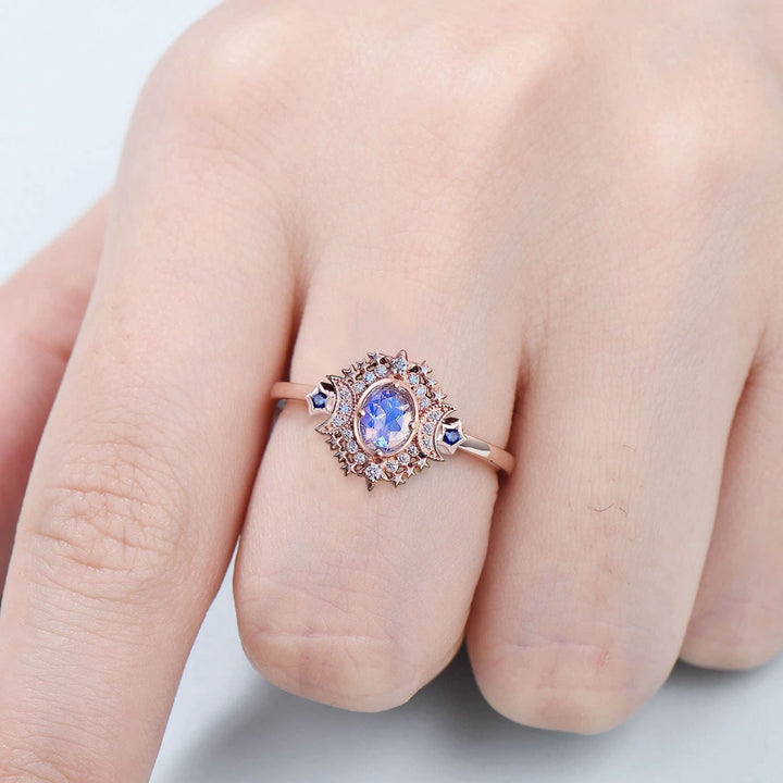 Unique Moonstone Engagement Ring Vintage Moon Star Moissanite Engagement Ring Fancy Galaxy Sapphire Serena Triple Goddess Wedding Ring Women - PENFINE