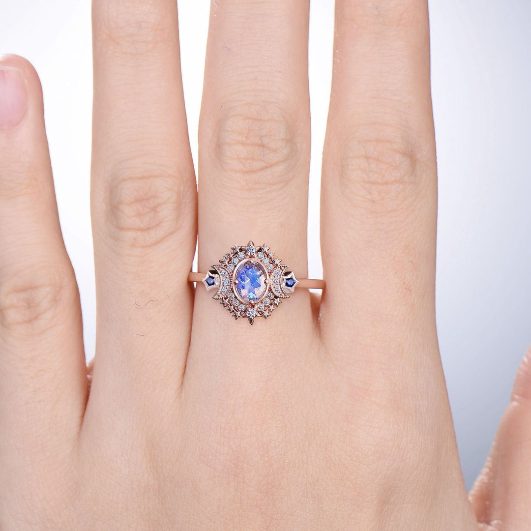 Unique Moonstone Engagement Ring Vintage Moon Star Moissanite Engagement Ring Fancy Galaxy Sapphire Serena Triple Goddess Wedding Ring Women - PENFINE