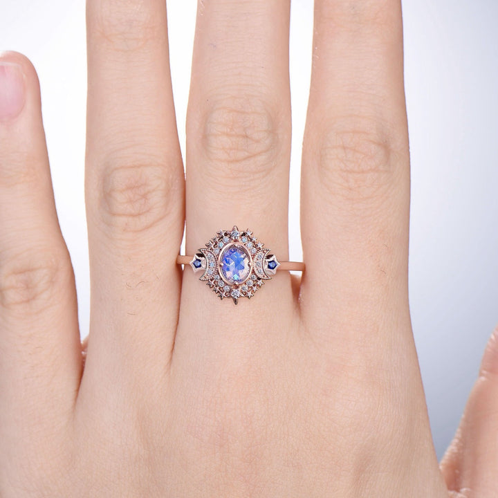 Unique Moonstone Engagement Ring Vintage Moon Star Moissanite Engagement Ring Fancy Galaxy Sapphire Serena Triple Goddess Wedding Ring Women - PENFINE