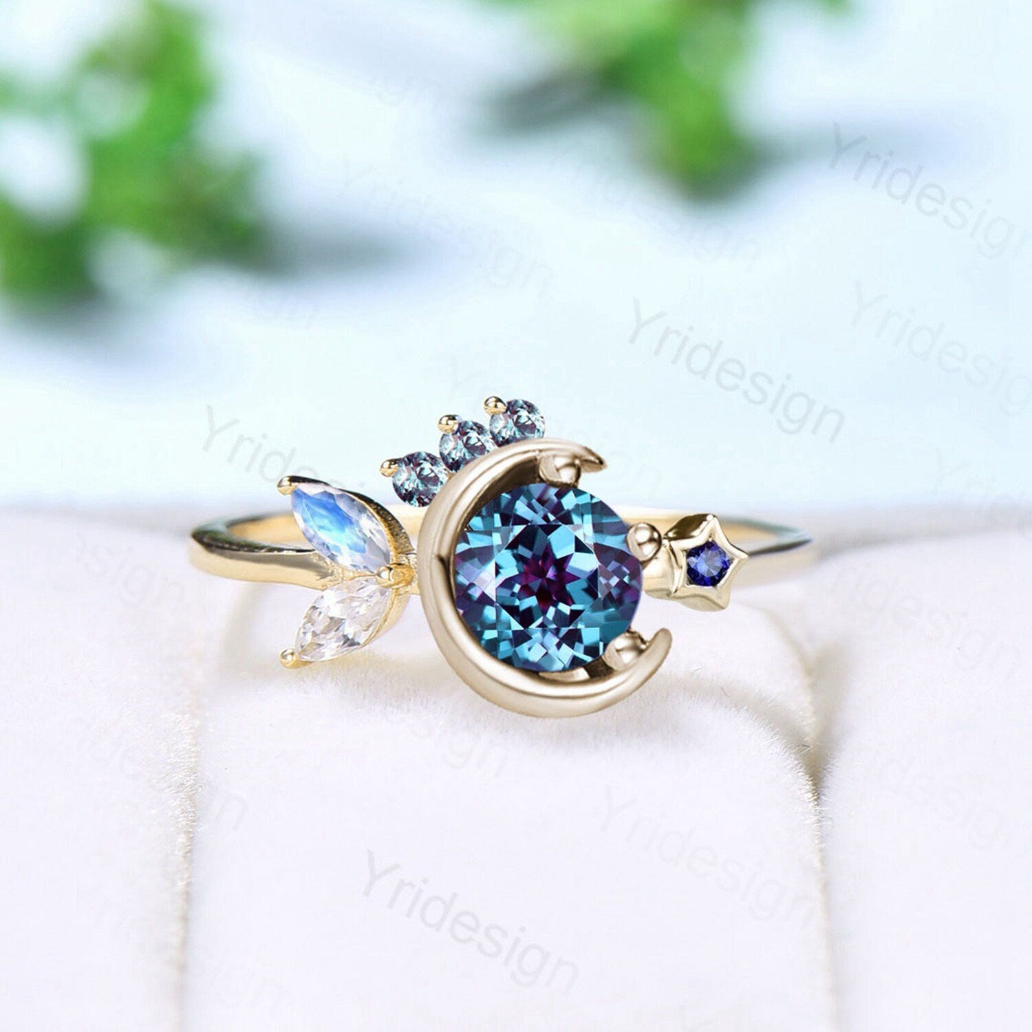 1CT Round Alexandrite Engagement Ring Sapphire Moonstone Wedding Ring Rose Gold Moon Engagement Ring Unique Personalized Star Promise Ring - PENFINE