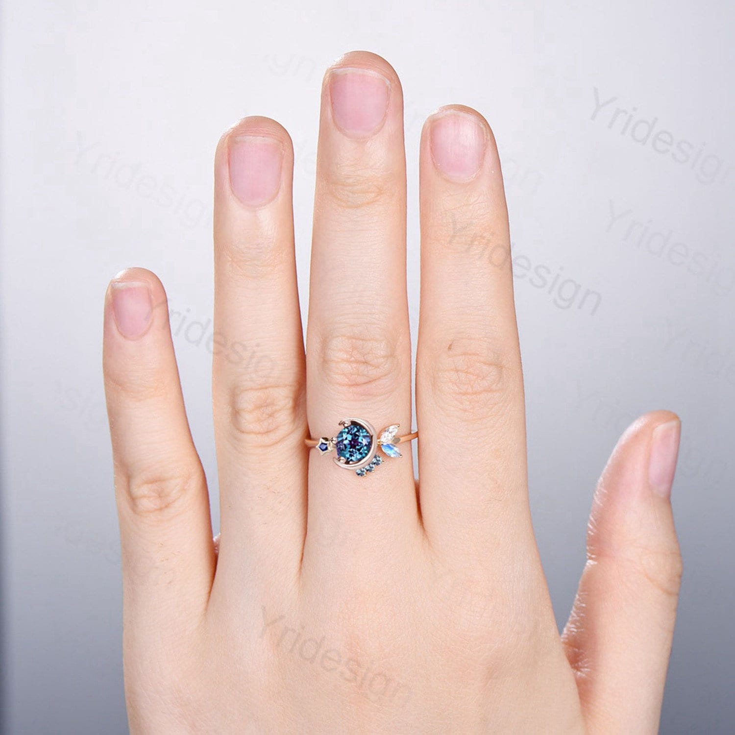 1CT Round Alexandrite Engagement Ring Sapphire Moonstone Wedding Ring Rose Gold Moon Engagement Ring Unique Personalized Star Promise Ring - PENFINE