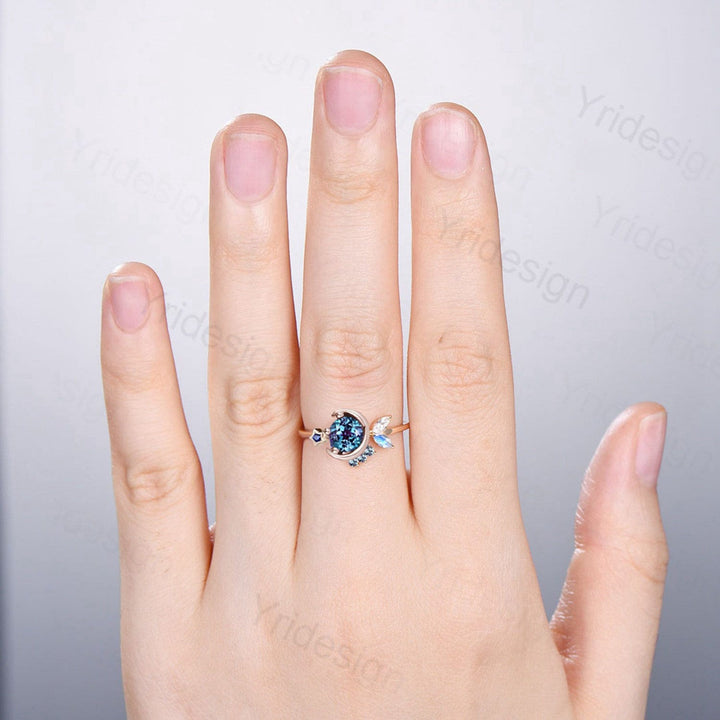 1CT Round Alexandrite Engagement Ring Sapphire Moonstone Wedding Ring Rose Gold Moon Engagement Ring Unique Personalized Star Promise Ring - PENFINE