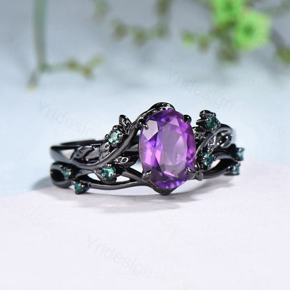 Unique black gold amethyst ring set Nature Inspired purple amethyst engagement ring vintage cluster emerald Leaf wedding ring set for women - PENFINE