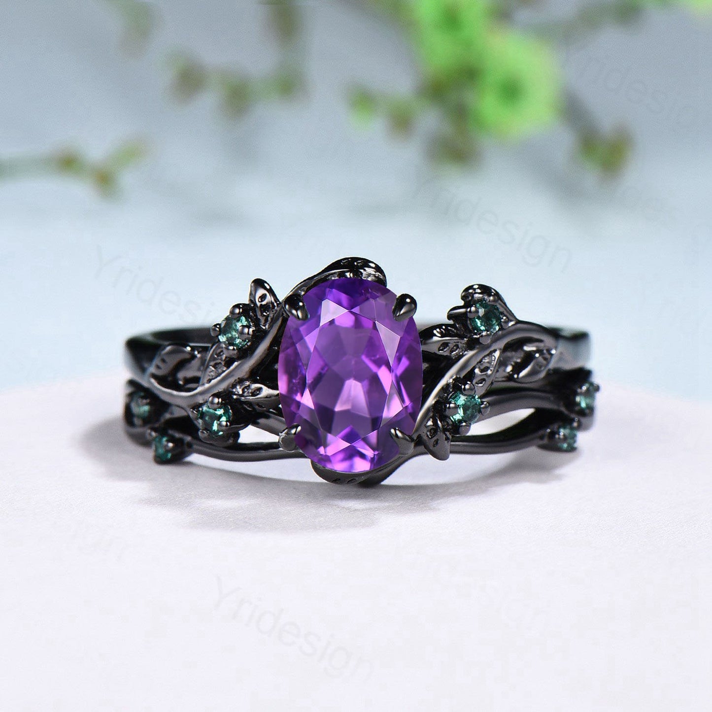 Unique black gold amethyst ring set Nature Inspired purple amethyst engagement ring vintage cluster emerald Leaf wedding ring set for women - PENFINE