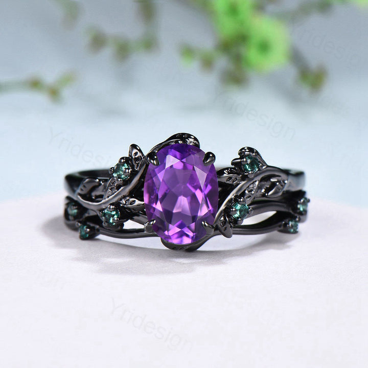 Unique black gold amethyst ring set Nature Inspired purple amethyst engagement ring vintage cluster emerald Leaf wedding ring set for women - PENFINE