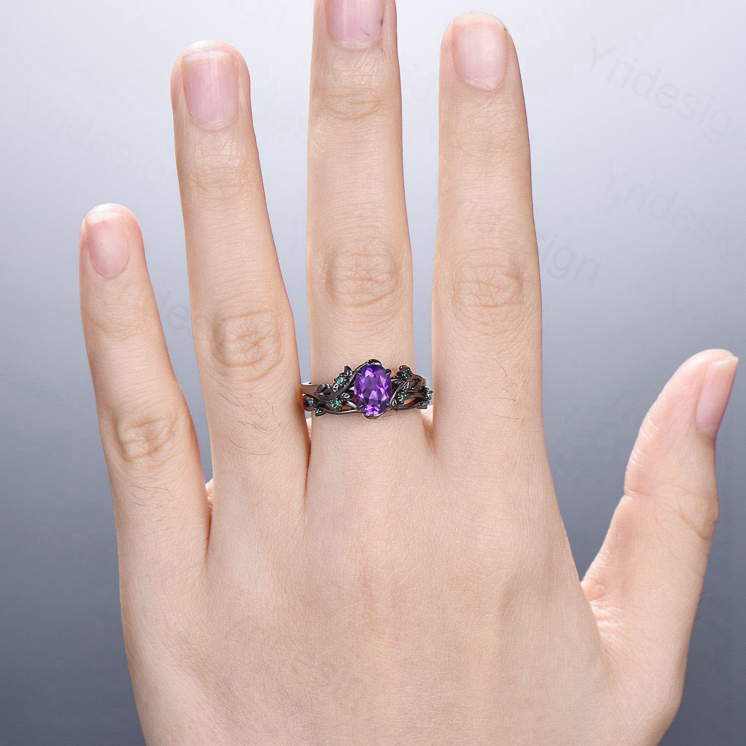 Unique black gold amethyst ring set Nature Inspired purple amethyst engagement ring vintage cluster emerald Leaf wedding ring set for women - PENFINE