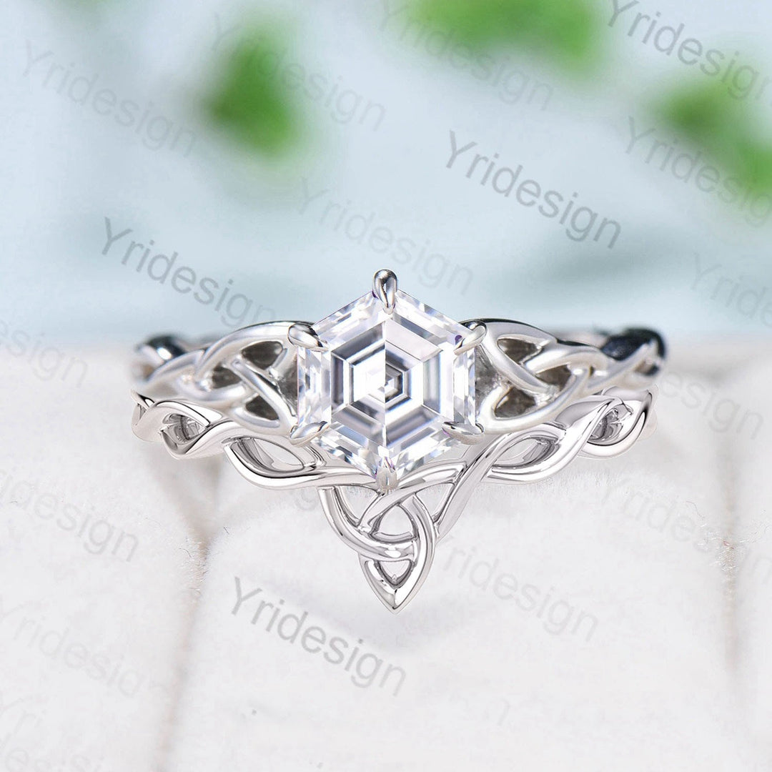 Norse Viking Hexagon Moissanite Ring Set Celtic Love Knot Moissanite Engagement Ring White Gold Unique Twisted Wedding Ring Set For Women - PENFINE