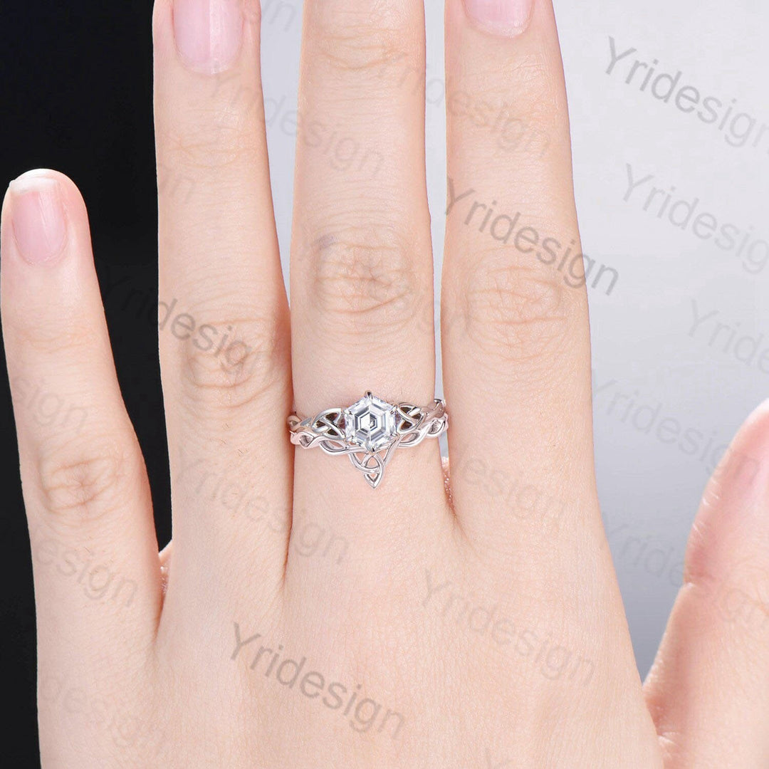 Norse Viking Hexagon Moissanite Ring Set Celtic Love Knot Moissanite Engagement Ring White Gold Unique Twisted Wedding Ring Set For Women - PENFINE