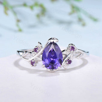 Elegant Pear Shaped Purple Sapphire Ring Vintage Unique Twig Engagement Ring Leaf Amethyst Wedding Natural inspired Branch Proposal Gift - PENFINE