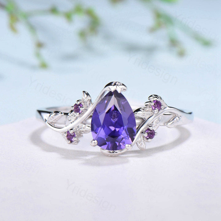 Elegant Pear Shaped Purple Sapphire Ring Vintage Unique Twig Engagement Ring Leaf Amethyst Wedding Natural inspired Branch Proposal Gift - PENFINE