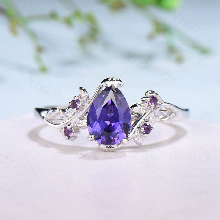 Elegant Pear Shaped Purple Sapphire Ring Vintage Unique Twig Engagement Ring Leaf Amethyst Wedding Natural inspired Branch Proposal Gift - PENFINE