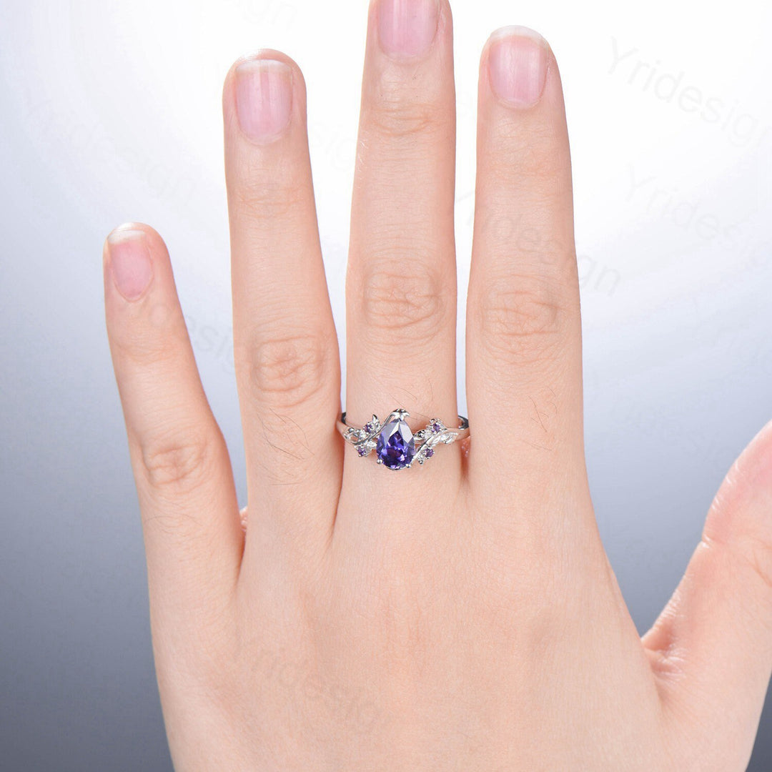 Elegant Pear Shaped Purple Sapphire Ring Vintage Unique Twig Engagement Ring Leaf Amethyst Wedding Natural inspired Branch Proposal Gift - PENFINE