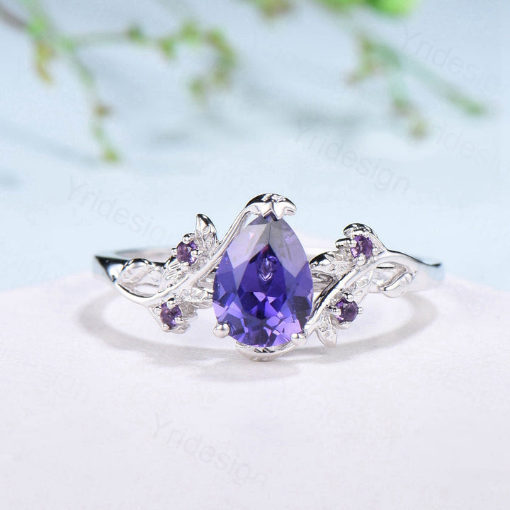 Elegant Pear Shaped Purple Sapphire Ring Vintage Unique Twig Engagement Ring Leaf Amethyst Wedding Natural inspired Branch Proposal Gift - PENFINE