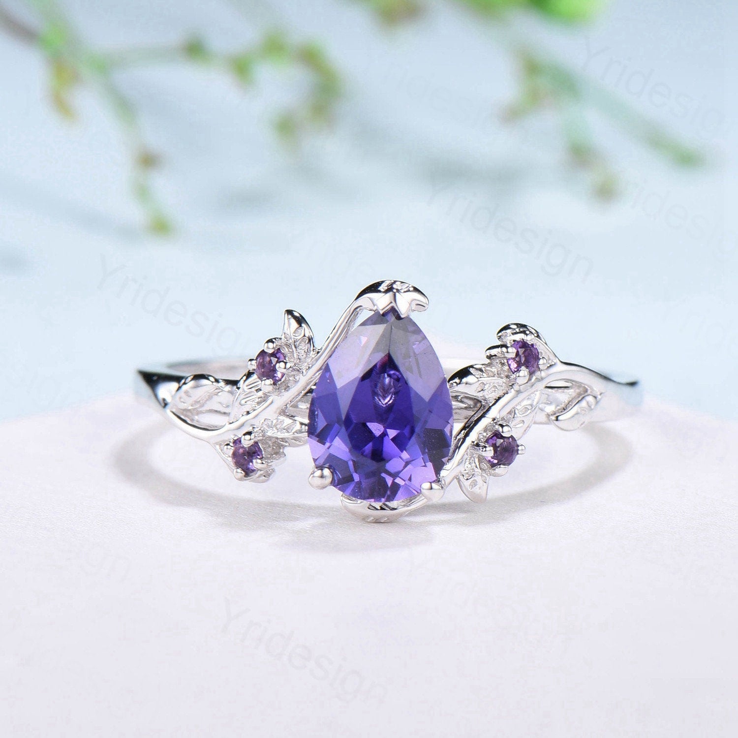 Elegant Pear Shaped Purple Sapphire Ring Vintage Unique Twig