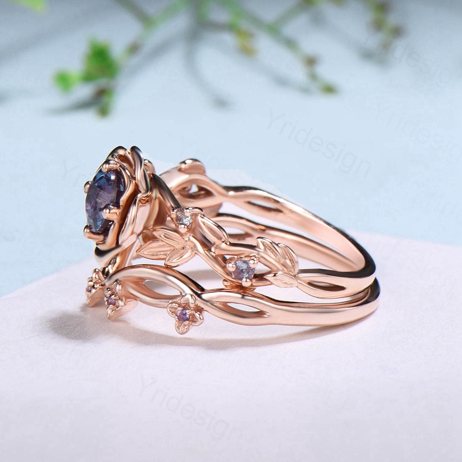 Alexandrite Engagement Ring Set Round Shape Vintage Rose Gold Ring online Engagement Ring Bridal Set Nature Inspired Leaf Healing Gemstone Ring