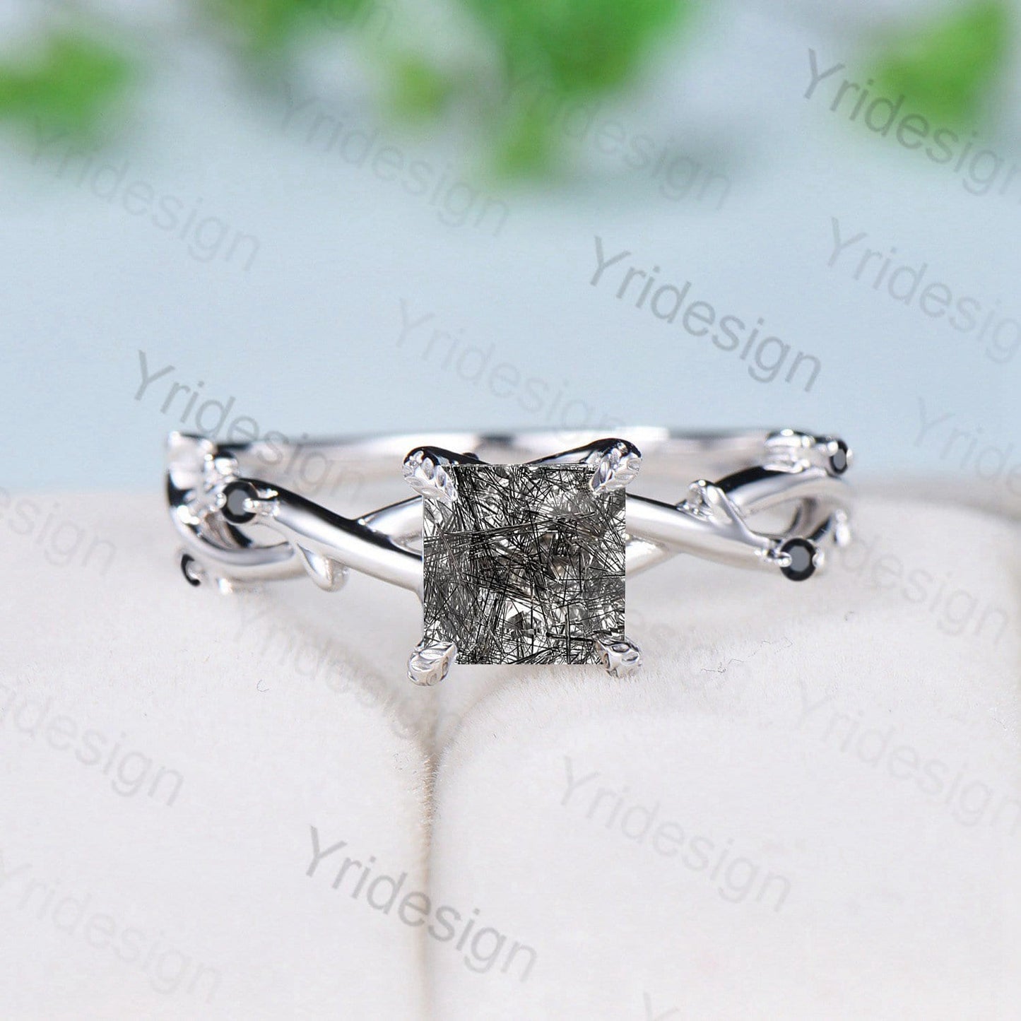 Princess cut black rutilated quartz ring Leaf Branch Black Spinel Engagement Ring Nature Inspired Wedding Ring Unique Twig Promise Ring Gift - PENFINE