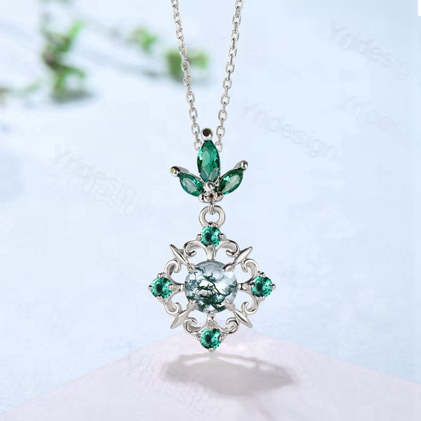 Vintage Moss Agate Pendant Necklace Unique Nature Inspired Green Agate Emerald Crystal Pendant 14K/18K Rose Gold Necklace Gift For Women - PENFINE