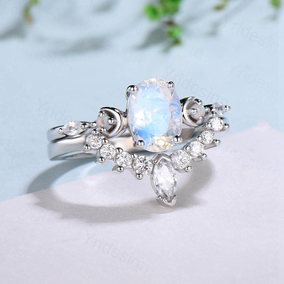 Vintage Oval Moonstone Engagement Ring Set Marquise