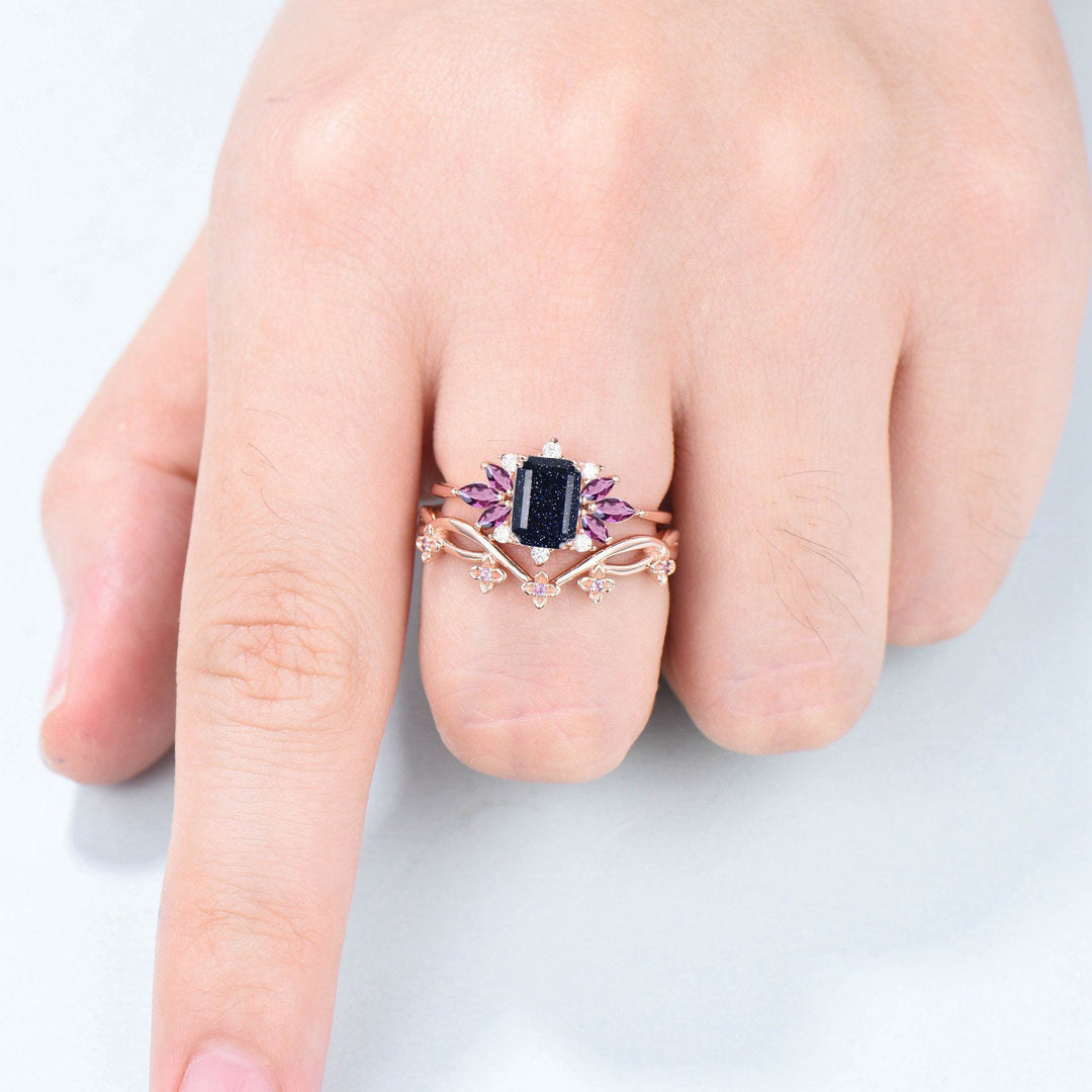 Emerald Cut Galaxy Blue Sandstone Engagement Ring Set Marquise Amethyst Wedding Ring Set Women Unique Branch Bridal Set Personalized Gift - PENFINE