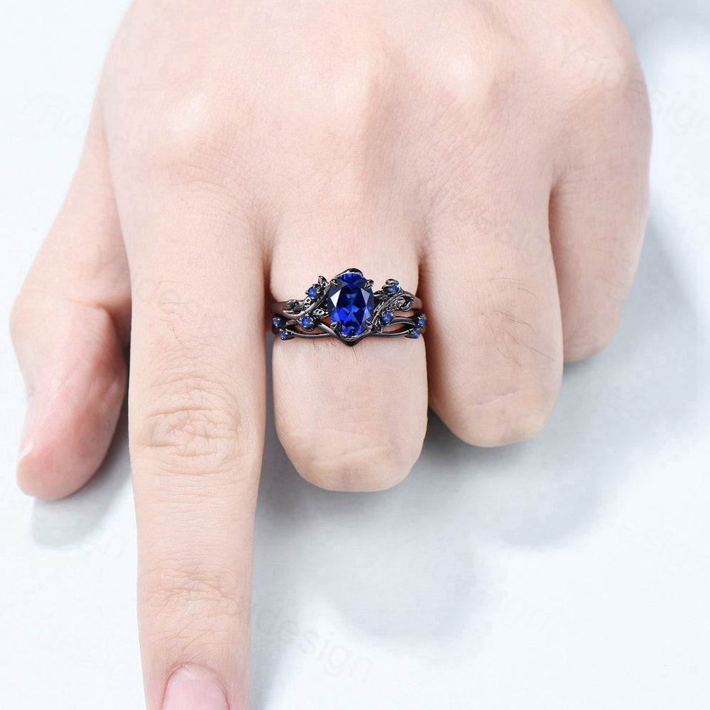 Vintage blue sapphire wedding ring set Black gold Leaf twig engagement ring set Nature Inspired sapphire bridal set for women Branch ring - PENFINE