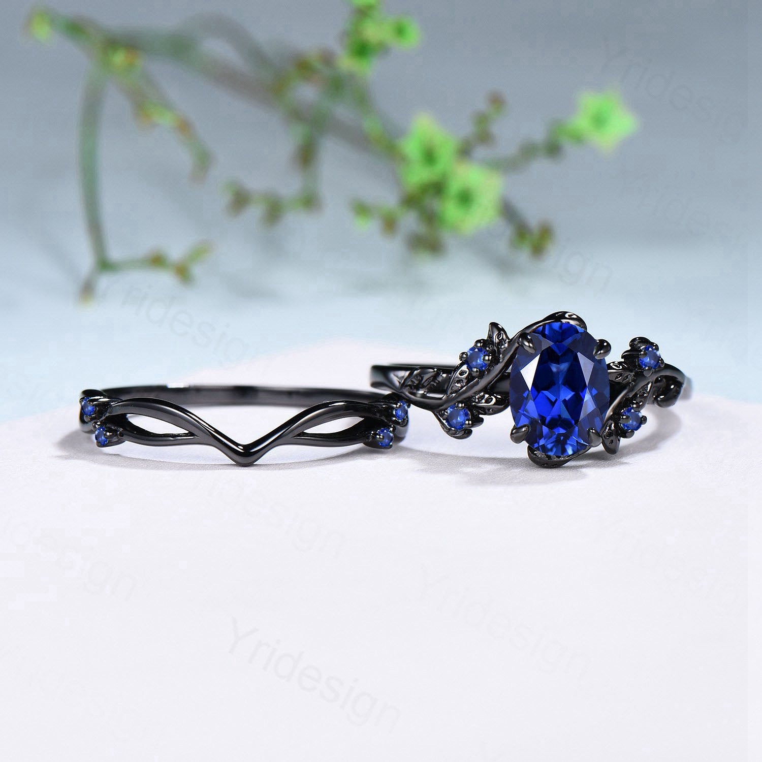 Vintage blue sapphire wedding ring set Black gold Leaf twig engagement ring set Nature Inspired sapphire bridal set for women Branch ring - PENFINE