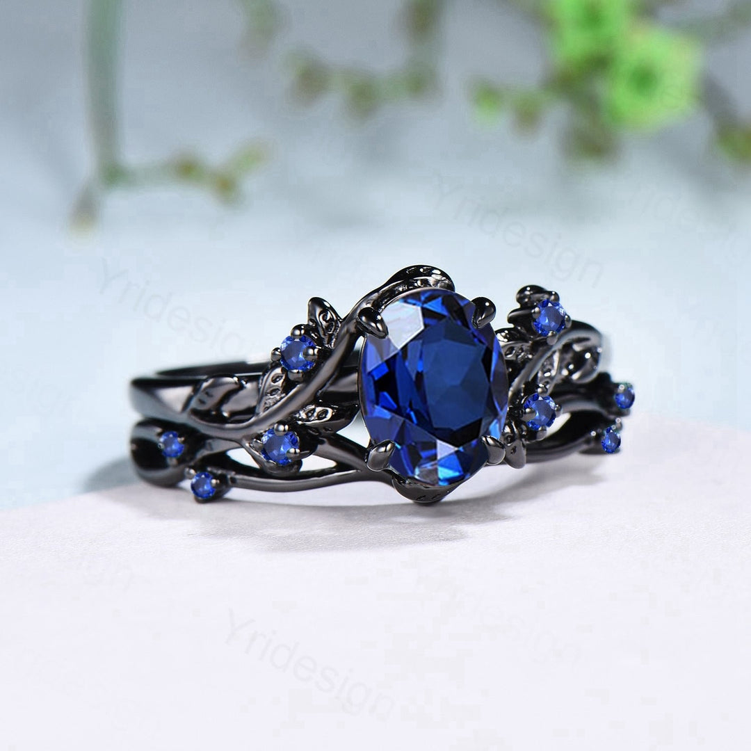 Vintage blue sapphire wedding ring set Black gold Leaf twig engagement ring set Nature Inspired sapphire bridal set for women Branch ring - PENFINE