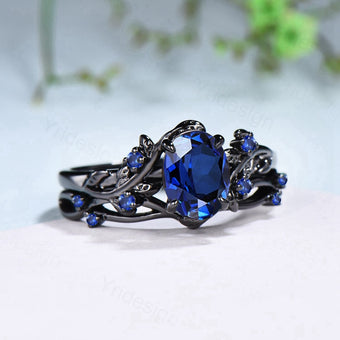 Vintage blue sapphire wedding ring set Black gold Leaf twig engagement ring set Nature Inspired sapphire bridal set for women Branch ring - PENFINE