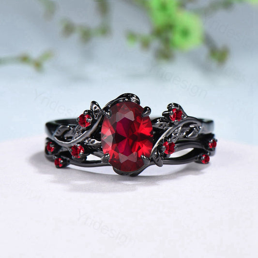 Nature Inspired Leaf ruby ring set black gold branch twig lab ruby engagement ring women unique July birthstone wedding ring set for women - PENFINE