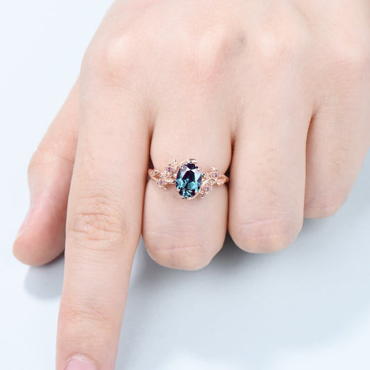 Unique alexandrite ring vintage Oval floral engagement ring nature inspired leaf cluster amethyst flower June birthstone gift for women - PENFINE
