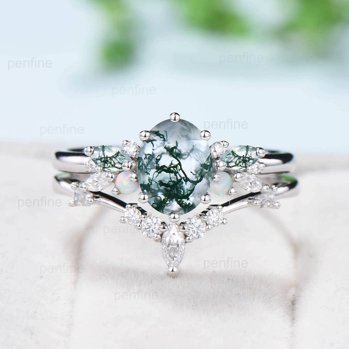 Unique 1.5CT Oval Moss Agate Engagement Ring Set Marquise Green Agate Opal Wedding Ring for Women Retro Moissanite Stacking Bridal Ring Set - PENFINE