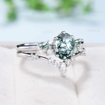 Unique 1.5CT Oval Moss Agate Engagement Ring Set Marquise Green Agate Opal Wedding Ring for Women Retro Moissanite Stacking Bridal Ring Set - PENFINE