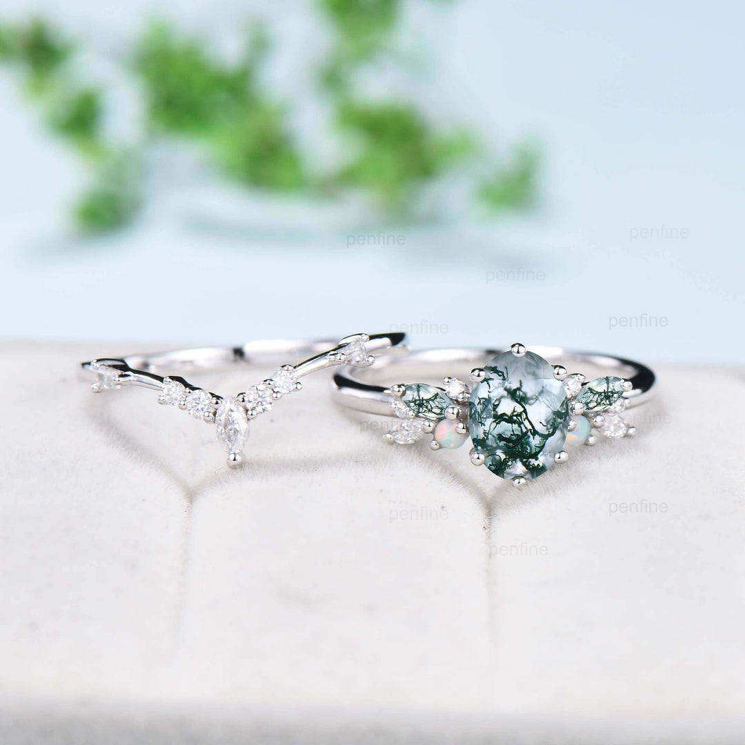 Unique 1.5CT Oval Moss Agate Engagement Ring Set Marquise Green Agate Opal Wedding Ring for Women Retro Moissanite Stacking Bridal Ring Set - PENFINE