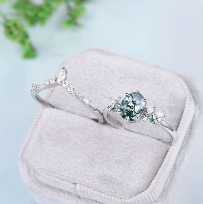 Unique 1.5CT Oval Moss Agate Engagement Ring Set Marquise Green Agate Opal Wedding Ring for Women Retro Moissanite Stacking Bridal Ring Set - PENFINE