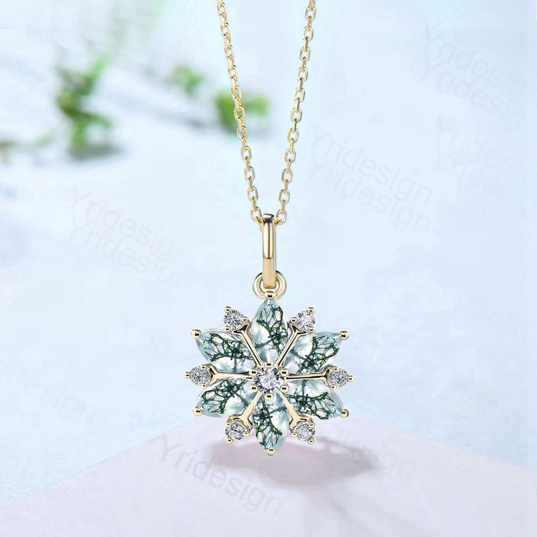 Vintage Snowflake Moss Agate Pendant Necklace Unique Retro Marquise Agate Necklace Floral Flower Pendant Natural Pendant Christmas gift - PENFINE