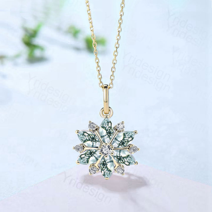 Vintage Snowflake Moss Agate Pendant Necklace Unique Retro Marquise Agate Necklace Floral Flower Pendant Natural Pendant Christmas gift - PENFINE