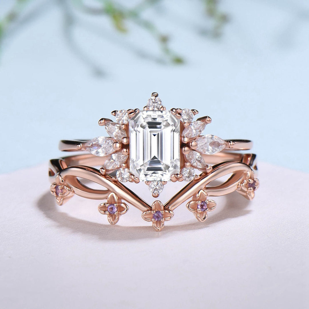 Fancy Emerald Cut Moissanite Engagement Ring Set Halo Moissanite Wedding Ring Set Women Unique Amethyst Branch Bridal Set Personalized Gift - PENFINE