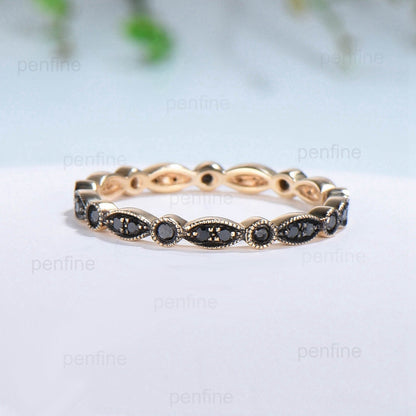 Art Deco Black Diamond Wedding Band Vintage Black Spinel Stacking Ring For Women Rose Gold Eternity fianc¨¦e Wedding Ring Anniversary Gift - PENFINE